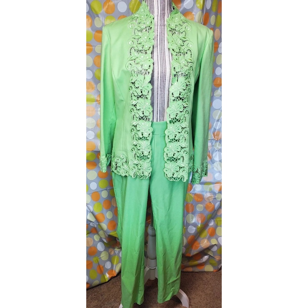 Lime Green Pant Suit With Embroid Trim. Stunning! Women's M,‎ Wedding